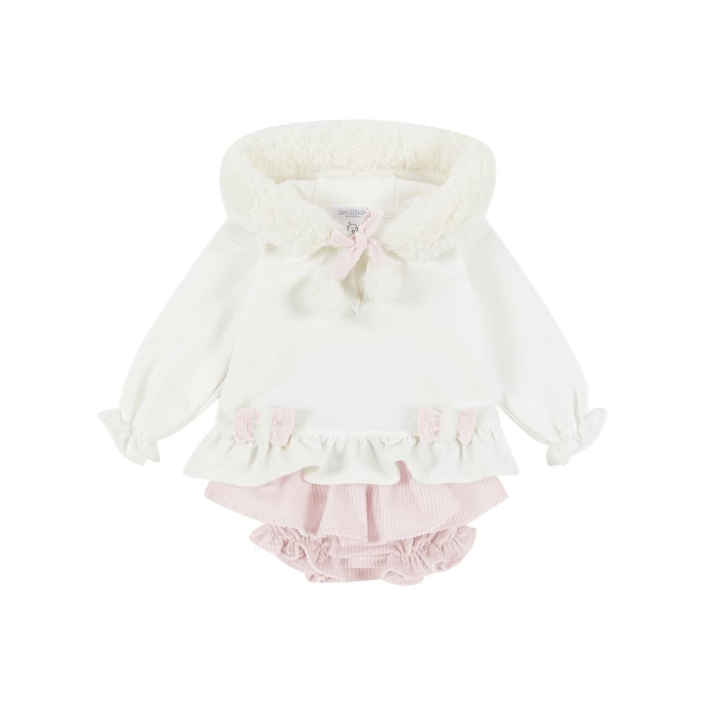 Deolinda 2 Piece Jam Pant Set Pink / White With Fur AW