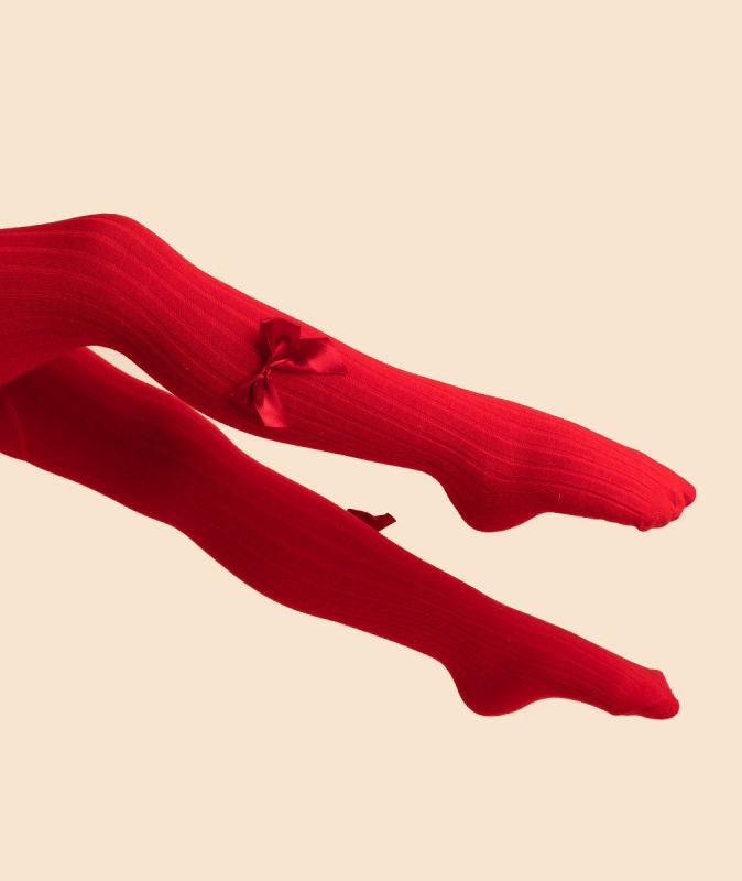 Sevva Girls Red Ribbed Bow Tights Kitty