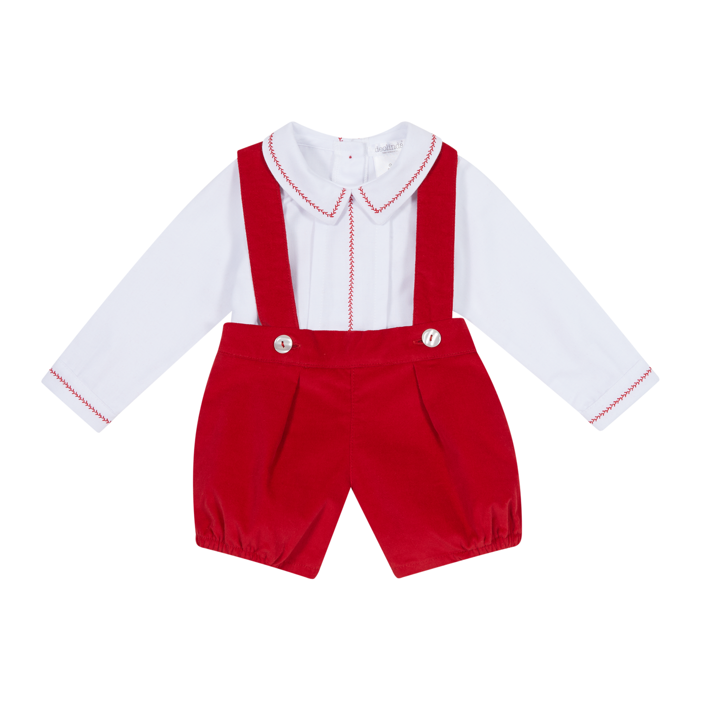 Deolinda Boys Red 2 Piece Bloomers With Braces And Peter Pan Shirt AW