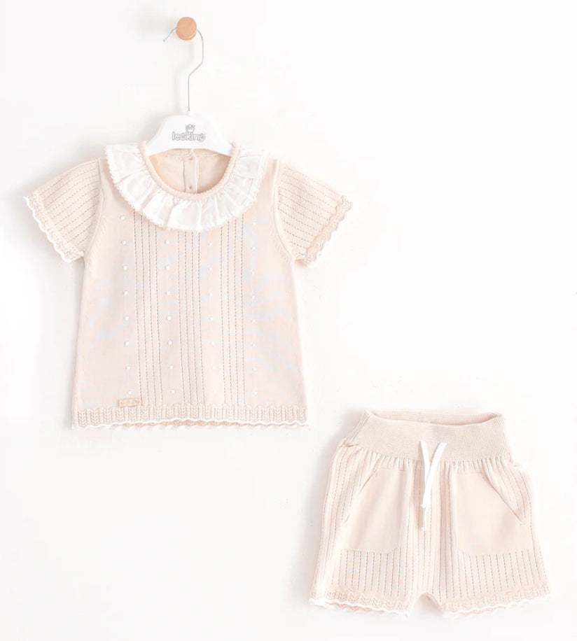 Leo King Girls 2 Piece Short Set (Pink White or Beige)