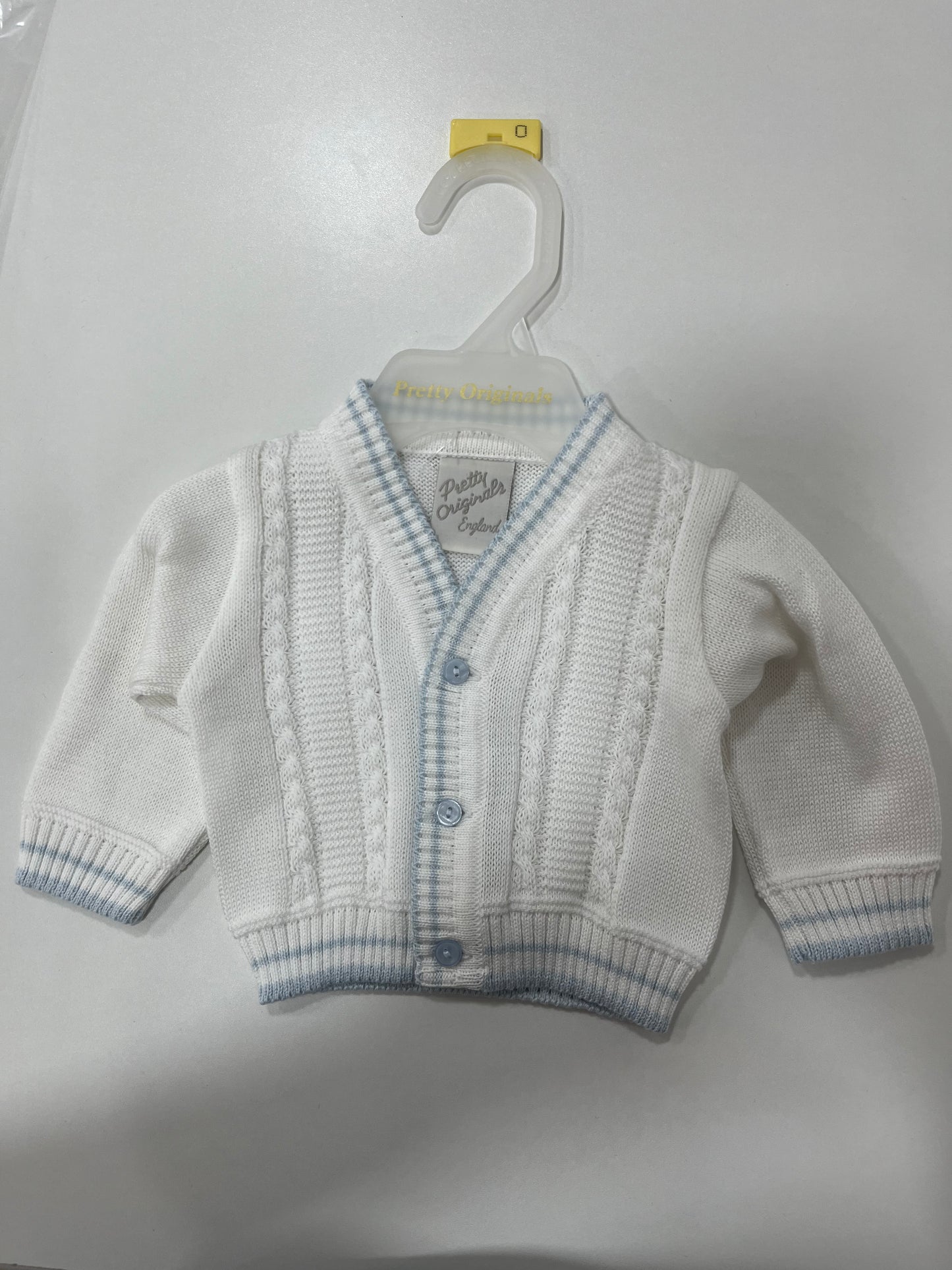 Pretty Originals Boys Cardigan (White Piped in Baby Blue)