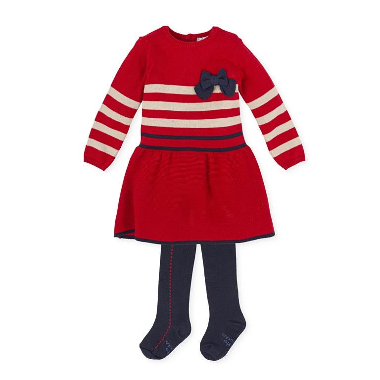 Tutto Piccolo Girls Red / Navy Knitted Dress and Tights AW