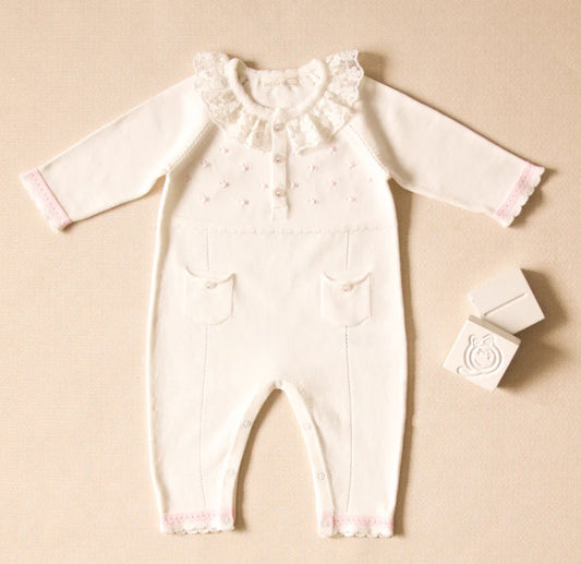 Leo King Girls White/Pink Romper With Lace