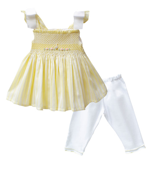 Pretty Originals Lemon/White Smocked Striped Style Top And Short Set SS24