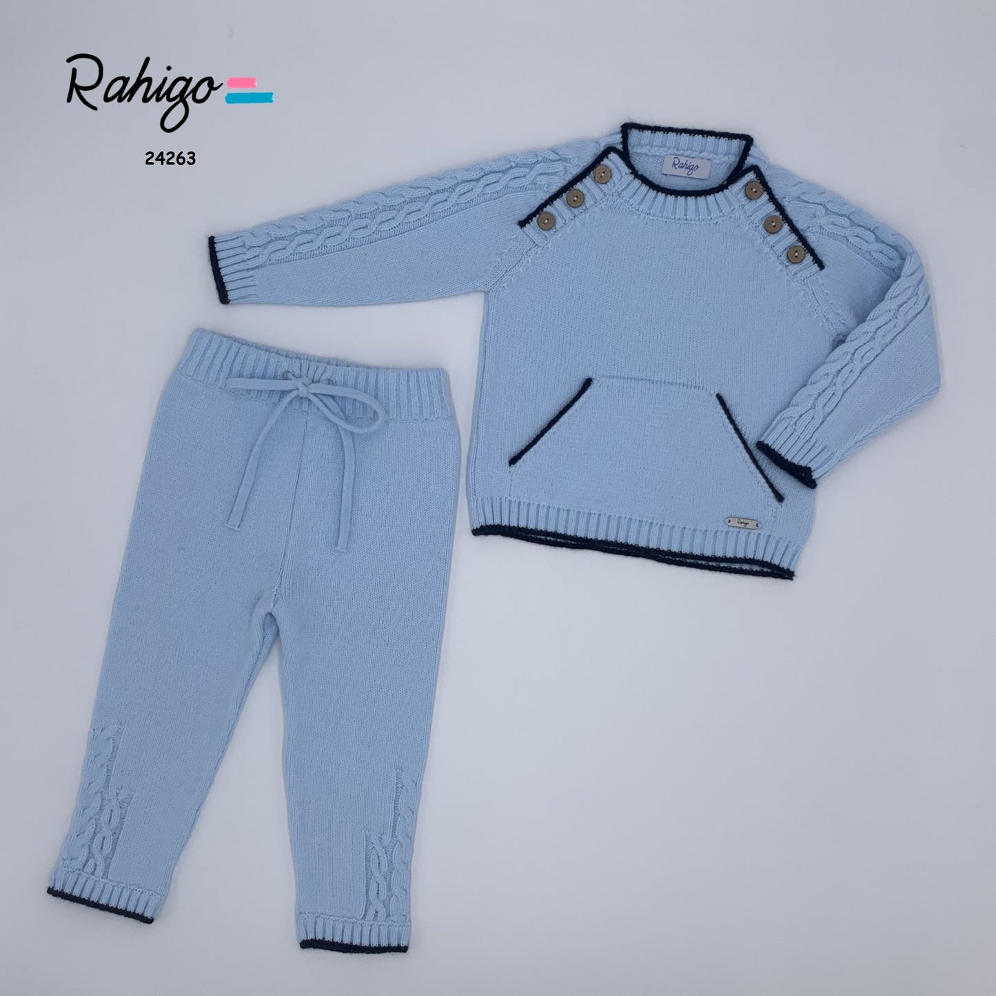 Rahigo Boys 2 Piece Knitted Set Sky Blue With Navy Trim AW24