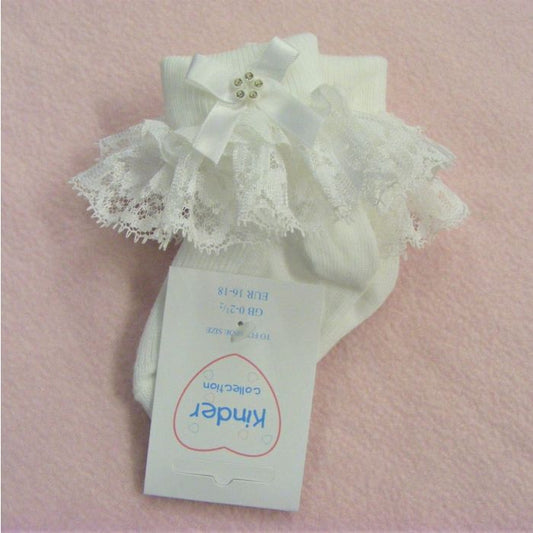 Kinder Girls White Lace Sock With Bow And Diamante