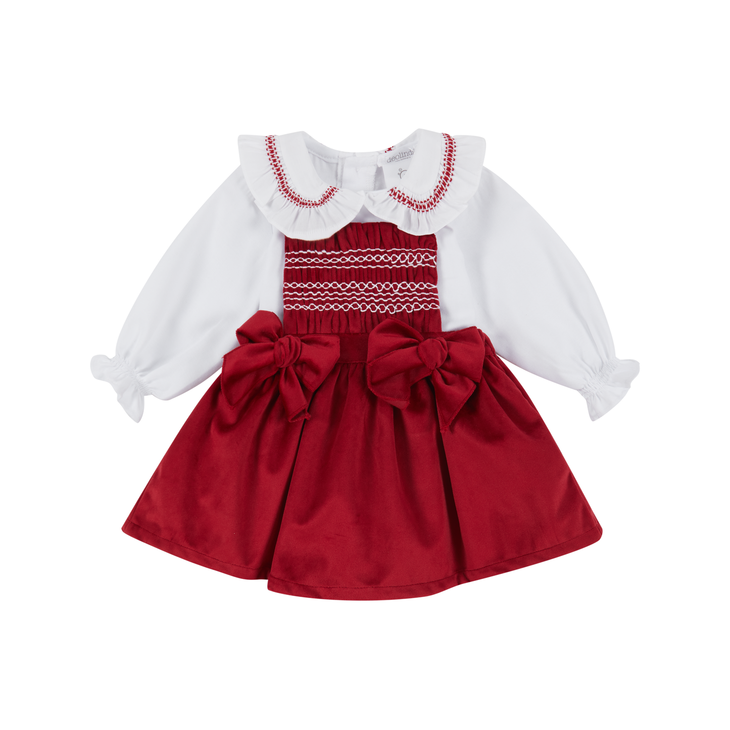 Deolinda Smocked Red Velvet Pinafore And Blouse Set AW