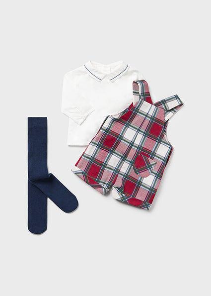 Mayoral Boys Tartan Dungaree And Shirt Set With Tights AW24