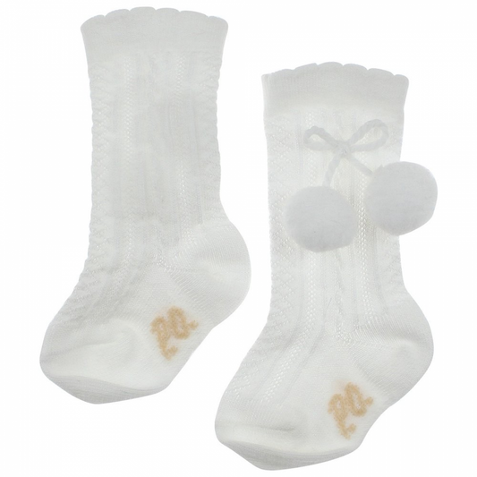 Pretty Originals Knee High White Pom Pom Socks