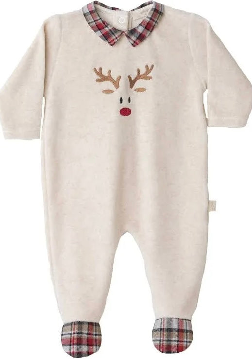Baby Gi Boys Velour Reindeer Beige / Red Baby grow AW