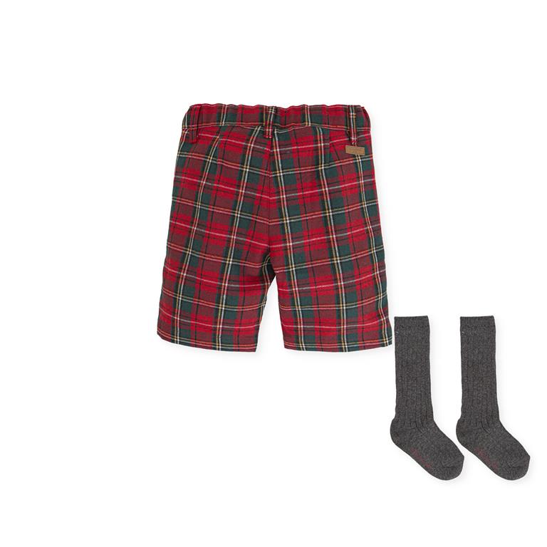 Tutto Piccolo Boy Red Tartan Long Shorts And Grey Socks AW